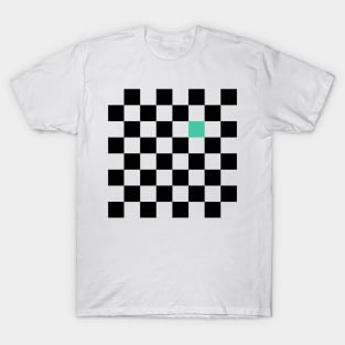 Checkered Black and White with One Biscay Green Square T-Shirt